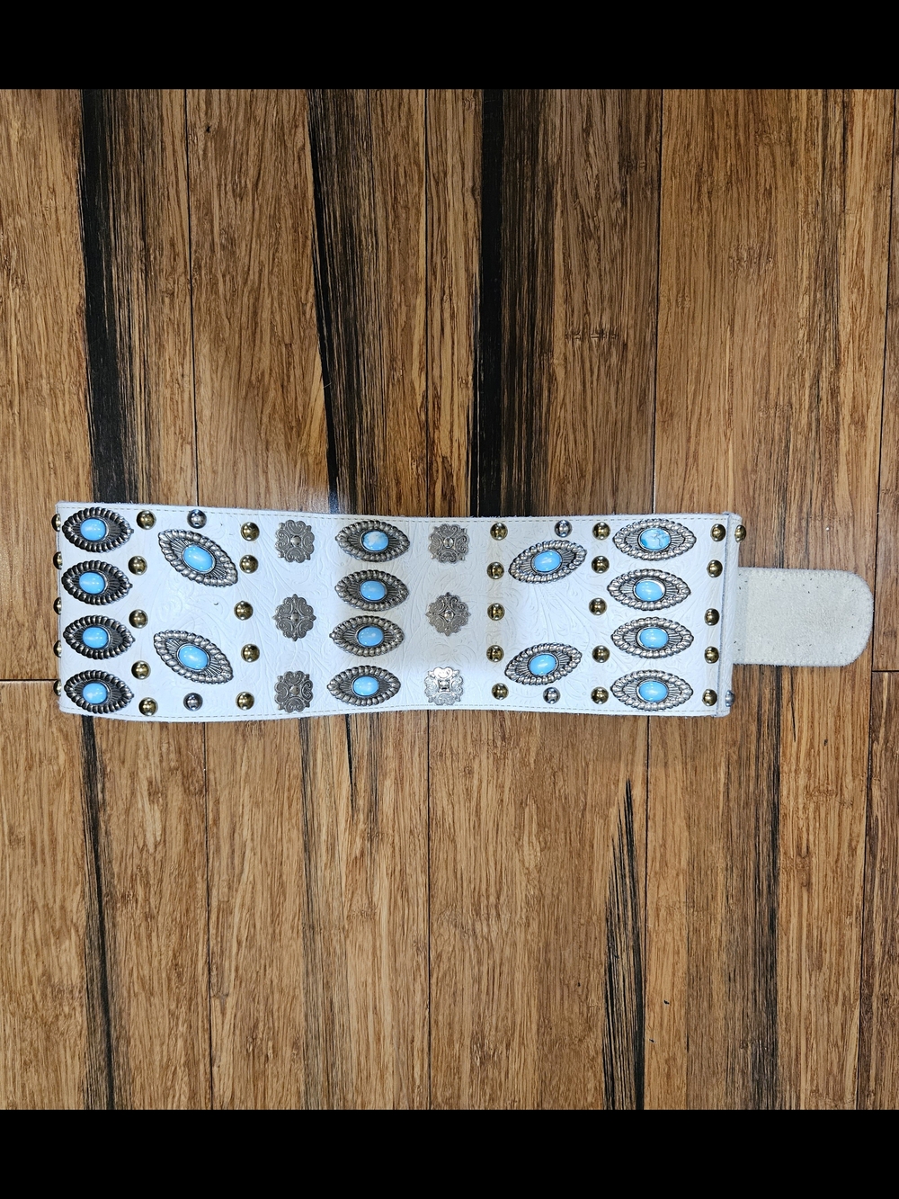 White Leather Turquoise Concho Wide Belt - Women Accessories